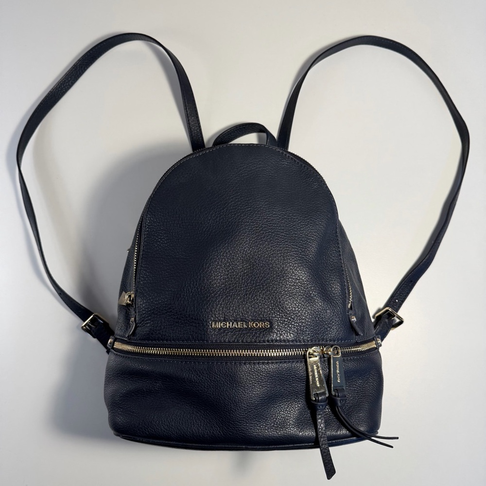 Michael Kors Rhea Medium Navy Blue Backpack Purse Soft Pebbled Leather w/ Gold